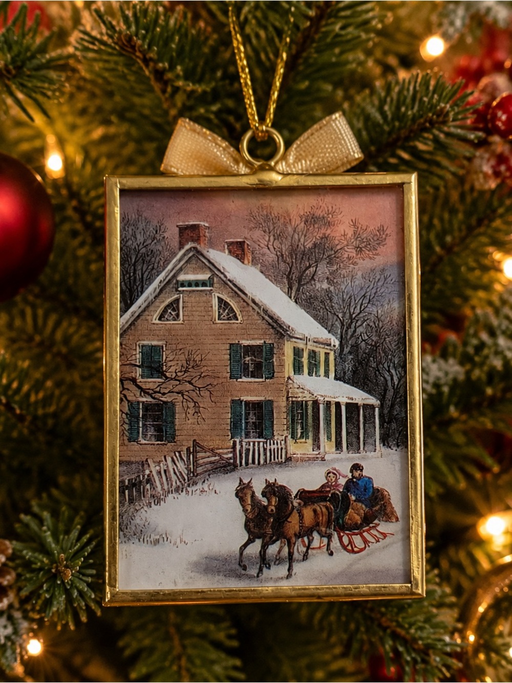 Framed Glass Winter Scene Christmas Ornament Currier & Ives Style
